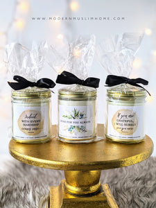 Each Modern Muslim Home candle is beautifully wrapped in a cellophane bag with a pretty ribbon bow. Fun crinkle paper makes it a little party in every package. 100% ready to gift someone!