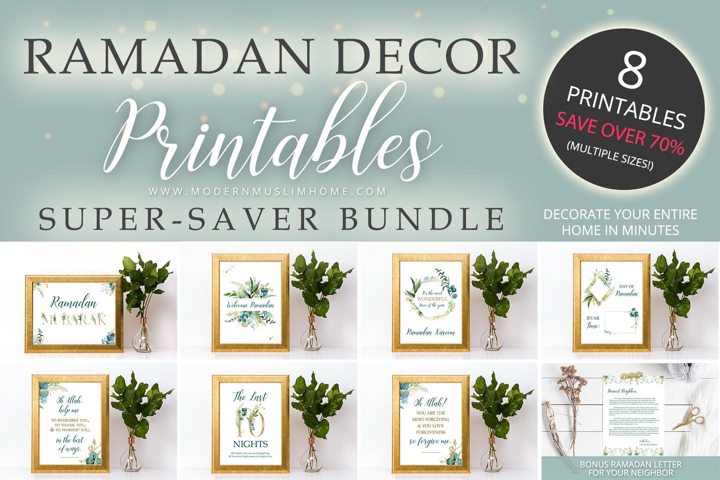 This is, without a doubt, the easiest and quickest way to decorate your home for Ramadan. This bundle includes almost ALL of our Ramadan Decor Printables for a stunning and cohesive look throughout your home. Simply download, print, and frame (or use however you wish)! This bundle is a limited-time offer, saving you more than 70% off. 